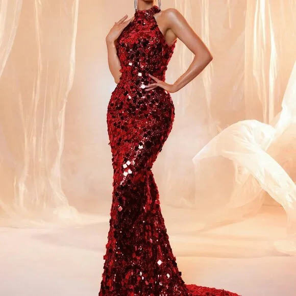 Red Sexy Women's Sleeveless Sequin Evening Maxi Gown